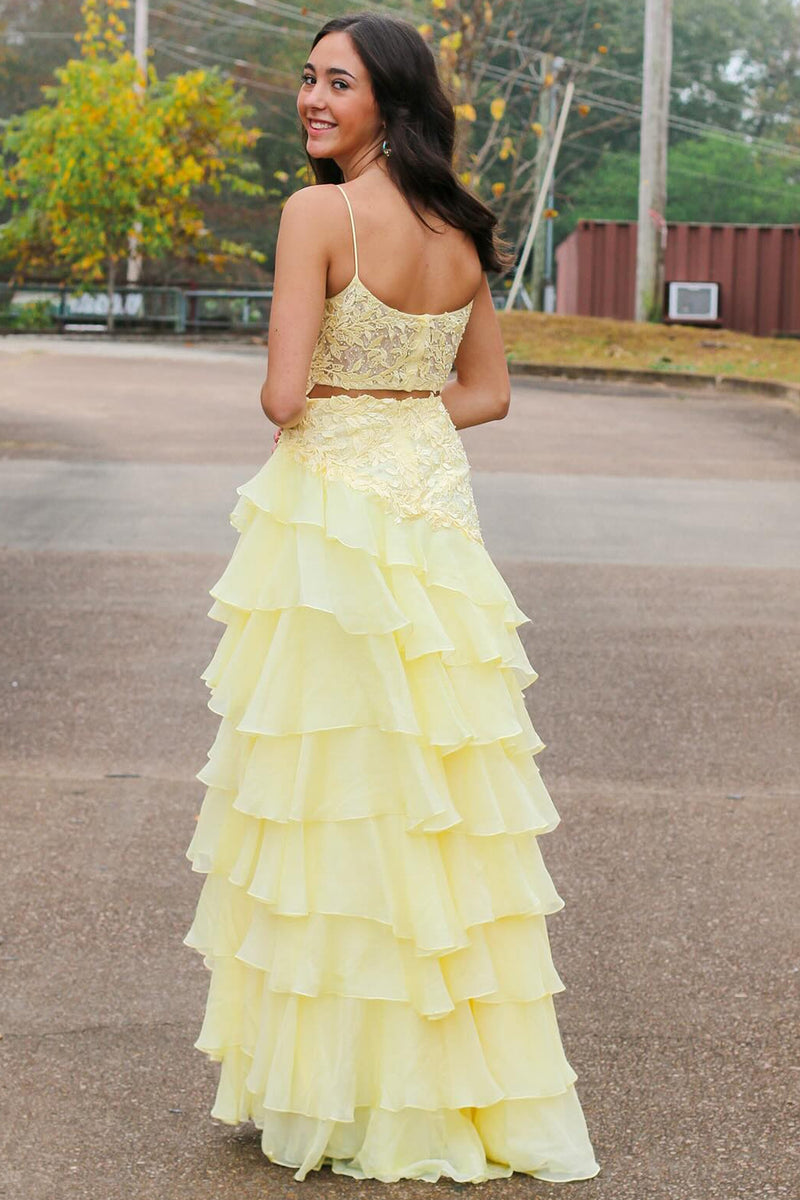 Load image into Gallery viewer, Yellow Spaghetti Straps A Line Tiered Long Prom Dress with Appliques