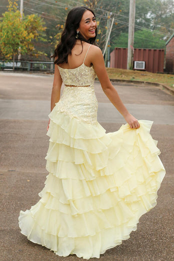 Yellow Spaghetti Straps A Line Tiered Long Prom Dress with Appliques