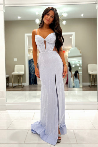 Glitter Lilac Mermaid Beaded Cut Out Long Corset Prom Dress with Slit