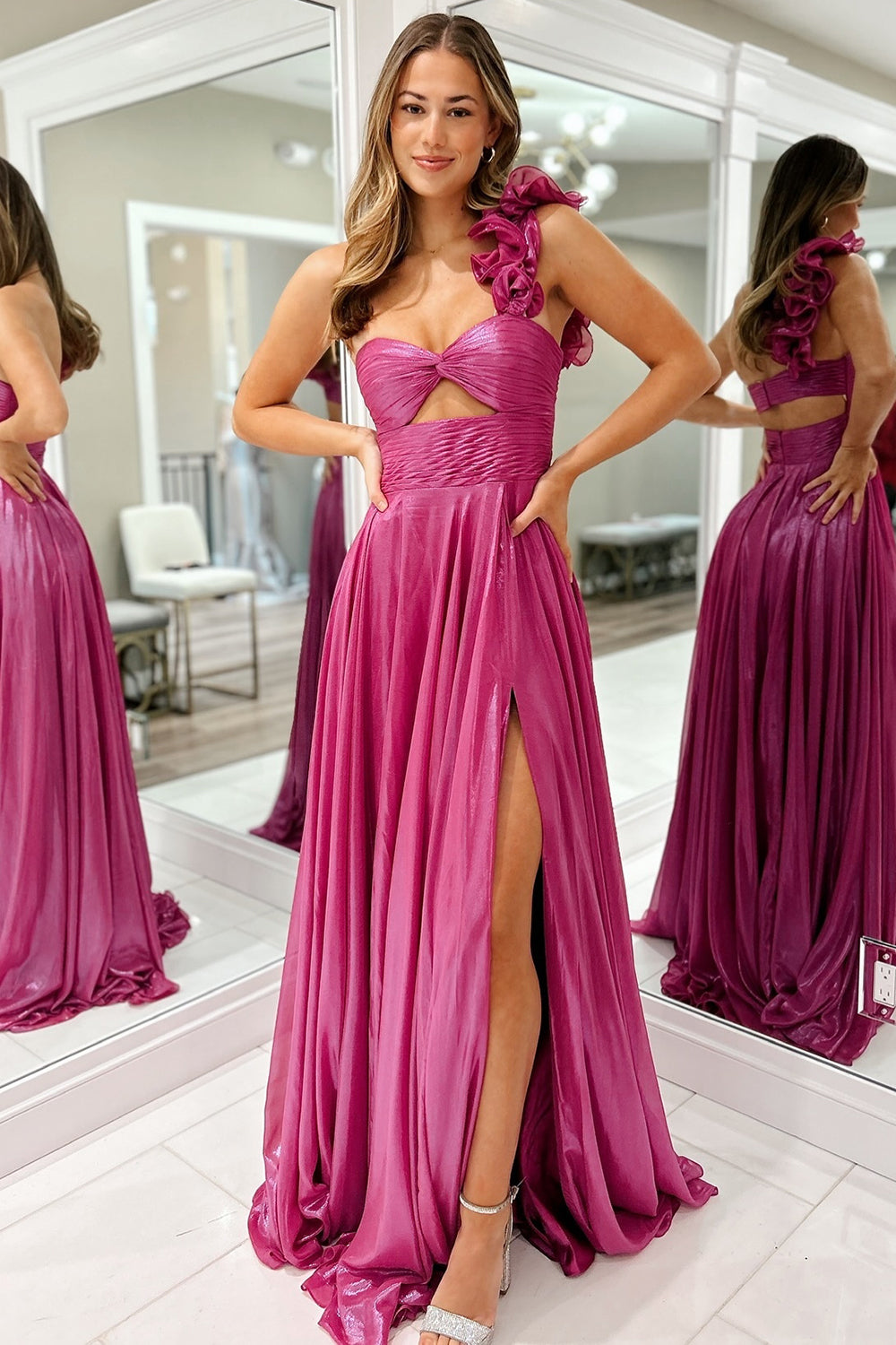 Fuchsia Metallic One Shoulder A Line Long Prom Dress with Slit