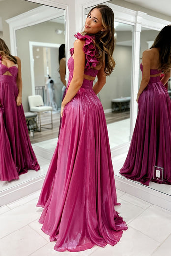 Fuchsia Metallic One Shoulder A Line Long Prom Dress with Slit