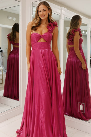 Fuchsia Metallic One Shoulder A Line Long Prom Dress with Slit