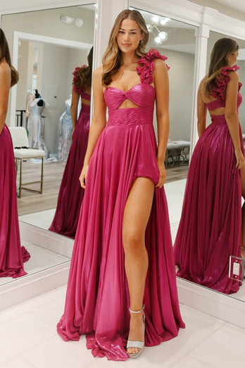 Fuchsia Metallic One Shoulder A Line Long Prom Dress with Slit