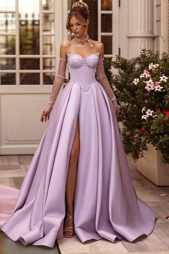 Lilac A-Line Sweetheart Long Corset Satin Prom Dress with Slit (Gloves are not Included)