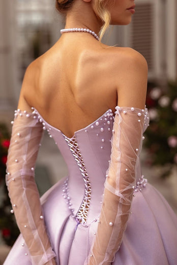 Lilac A-Line Sweetheart Long Corset Satin Prom Dress with Slit (Gloves are not Included)