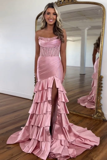 Sparkly Sequins Blush Strapless Mermaid Tiered Long Prom Dress with Slit