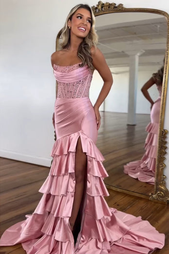 Sparkly Sequins Blush Strapless Mermaid Tiered Long Prom Dress with Slit