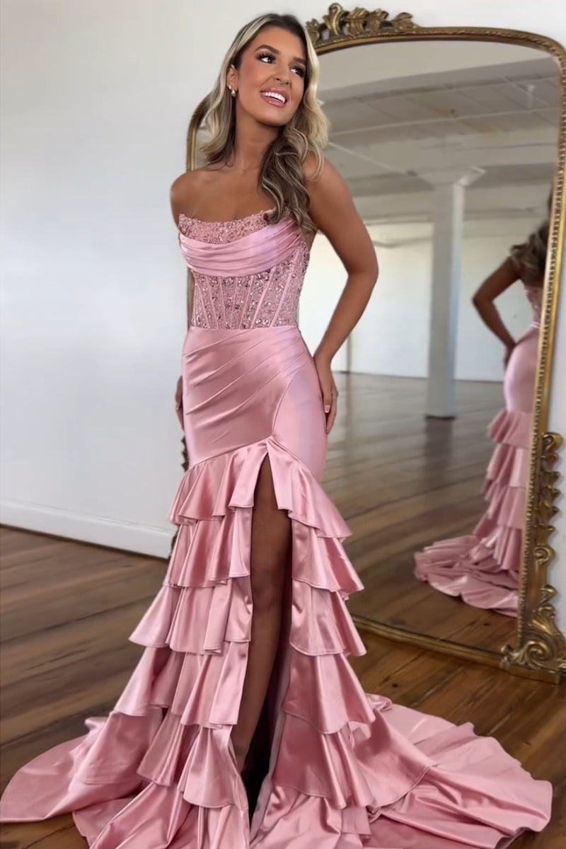 Load image into Gallery viewer, Sparkly Sequins Blush Strapless Mermaid Tiered Long Prom Dress with Slit