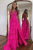 Load image into Gallery viewer, Beaded Corset Tiered Fuchsia Halter Neck A Line Long Prom Dress with Slit