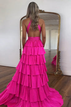 Beaded Corset Tiered Fuchsia Halter Neck A Line Long Prom Dress with Slit