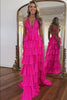 Load image into Gallery viewer, Beaded Corset Tiered Fuchsia Halter Neck A Line Long Prom Dress with Slit