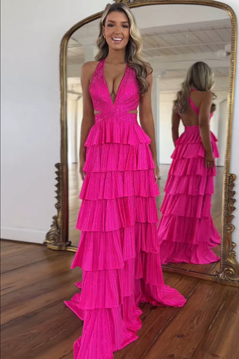 Beaded Corset Tiered Fuchsia Halter Neck A Line Long Prom Dress with Slit