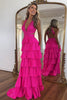 Load image into Gallery viewer, Beaded Corset Tiered Fuchsia Halter Neck A Line Long Prom Dress with Slit