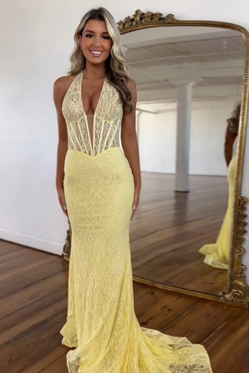 Load image into Gallery viewer, Yellow Corset Mermaid Halter Neck Lace Long Prom Dress