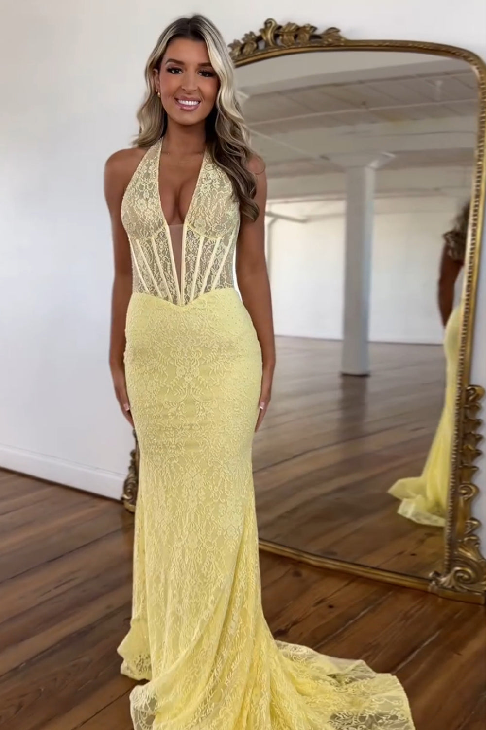 Yellow Corset Mermaid Halter Neck Lace Long Prom Dress