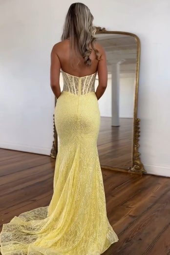 Yellow Corset Mermaid Halter Neck Lace Long Prom Dress