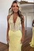 Load image into Gallery viewer, Yellow Corset Mermaid Halter Neck Lace Long Prom Dress