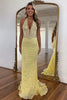 Load image into Gallery viewer, Yellow Corset Mermaid Halter Neck Lace Long Prom Dress