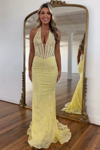 Yellow Corset Mermaid Halter Neck Lace Long Prom Dress