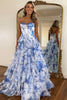 Load image into Gallery viewer, White Blue Flower Corset A Line Tiered Strapless Long Prom Dress