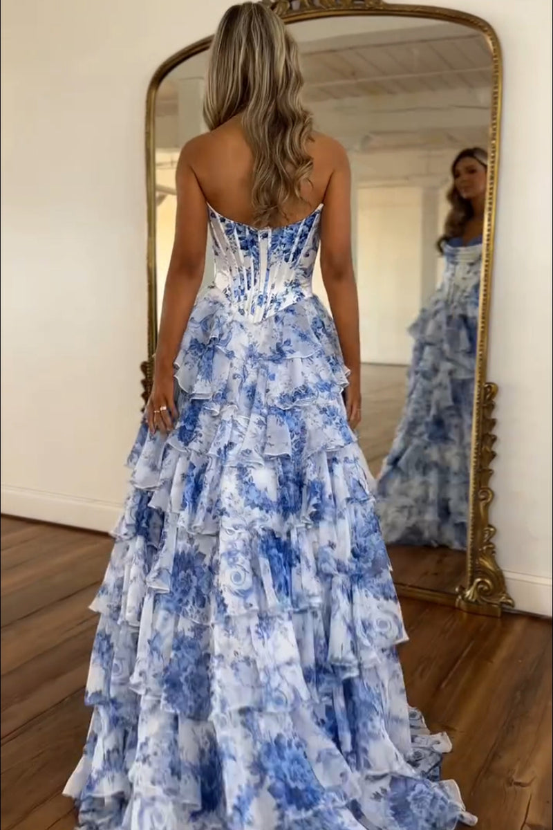 Load image into Gallery viewer, White Blue Flower Corset A Line Tiered Strapless Long Prom Dress