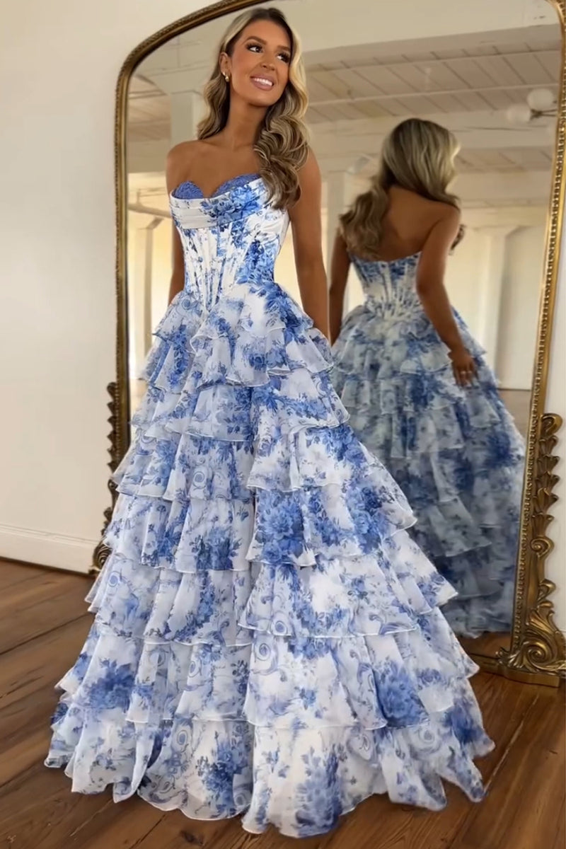 Load image into Gallery viewer, White Blue Flower Corset A Line Tiered Strapless Long Prom Dress