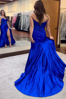 Sparkly Beaded Royal Blue Corset Strapless Long Mermaid Prom Dress with Slit