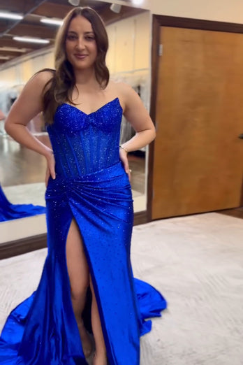 Sparkly Beaded Royal Blue Corset Strapless Long Mermaid Prom Dress with Slit