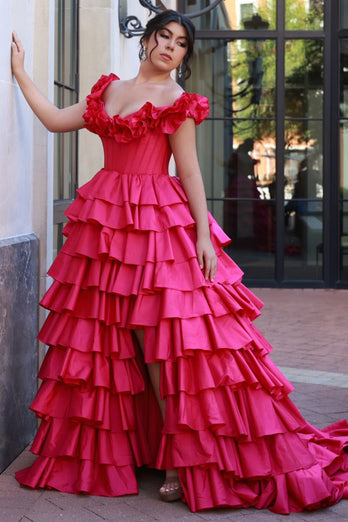 Fuchsia Corset Off the Shoulder A Line Tiered Long Prom Dress with Ruffles