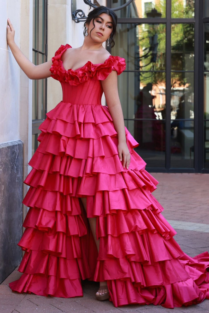 Load image into Gallery viewer, Fuchsia Corset Off the Shoulder A Line Tiered Long Prom Dress with Ruffles