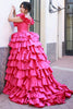 Load image into Gallery viewer, Fuchsia Corset Off the Shoulder A Line Tiered Long Prom Dress with Ruffles