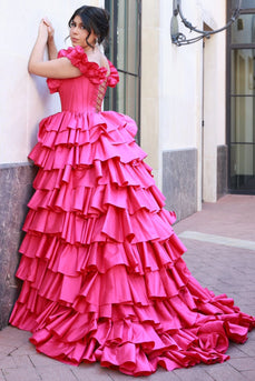 Fuchsia Corset Off the Shoulder A Line Tiered Long Prom Dress with Ruffles