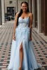 Load image into Gallery viewer, Light Blue Corset Spaghetti Straps A Line Appliqued Long Prom Dress with Slit