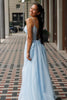 Load image into Gallery viewer, Light Blue Corset Spaghetti Straps A Line Appliqued Long Prom Dress with Slit