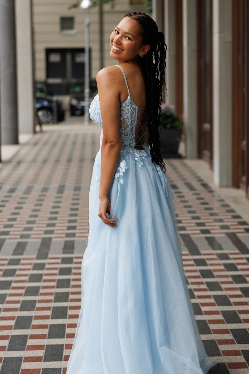 Load image into Gallery viewer, Light Blue Corset Spaghetti Straps A Line Appliqued Long Prom Dress with Slit