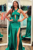 Load image into Gallery viewer, Dark Green Corset Halter Neck Satin Long Mermaid Prom Dress with Slit