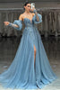 Load image into Gallery viewer, Grey Blue Appliques Sweetheart A Line Tulle Long Corset Prom Dress