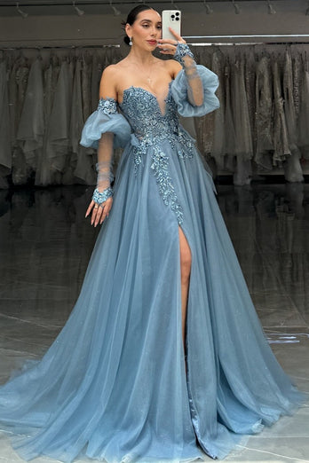 Grey Blue Appliques Sweetheart A Line Tulle Long Corset Prom Dress