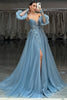 Load image into Gallery viewer, Grey Blue Appliques Sweetheart A Line Tulle Long Corset Prom Dress