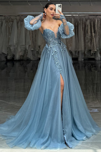 Grey Blue Appliques Sweetheart A Line Tulle Long Corset Prom Dress