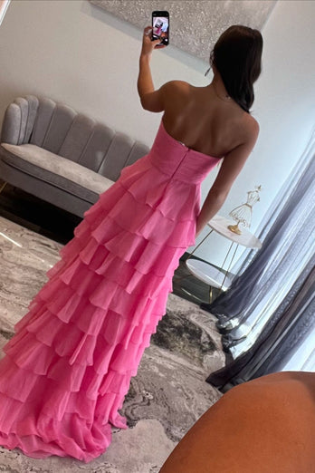 Fuchsia Sweetheart A Line Chiffon Tiered Long Prom Dress with Slit