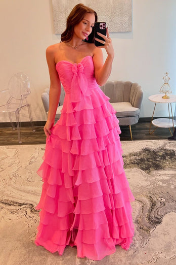 Fuchsia Sweetheart A Line Chiffon Tiered Long Prom Dress with Slit