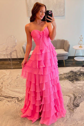 Fuchsia Sweetheart A Line Chiffon Tiered Long Prom Dress with Slit