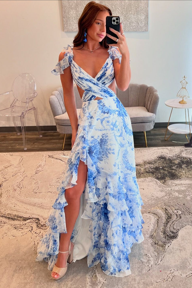 Load image into Gallery viewer, White Blue Flower Printed V Neck A Line Chiffon Tiered Long Prom Dress with Slit