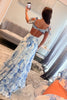 Load image into Gallery viewer, White Blue Flower Printed V Neck A Line Chiffon Tiered Long Prom Dress with Slit