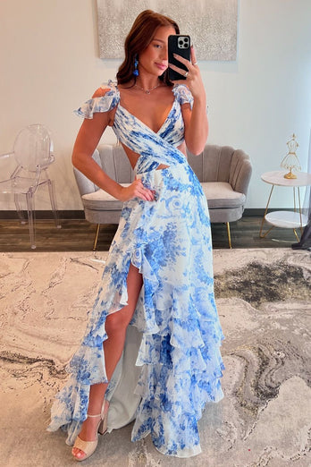 White Blue Flower Printed V Neck A Line Chiffon Tiered Long Prom Dress with Slit