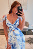 Load image into Gallery viewer, White Blue Flower Printed V Neck A Line Chiffon Tiered Long Prom Dress with Slit