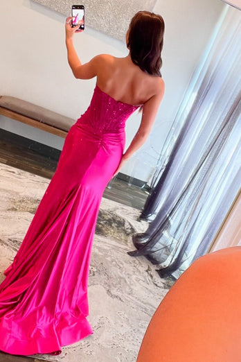 Sparkly Sequins Corset Fuchsia Strapless Mermaid Satin Long Prom Dress