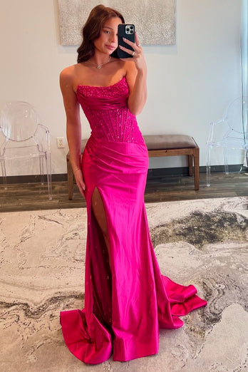 Sparkly Sequins Corset Fuchsia Strapless Mermaid Satin Long Prom Dress