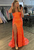 Load image into Gallery viewer, Sparkly Sequins Orange Mermaid Strapless Long Prom Dress with Slit